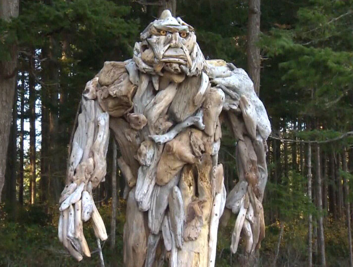Sasquatch Sculpted from Driftwood Installed on Canadian Island