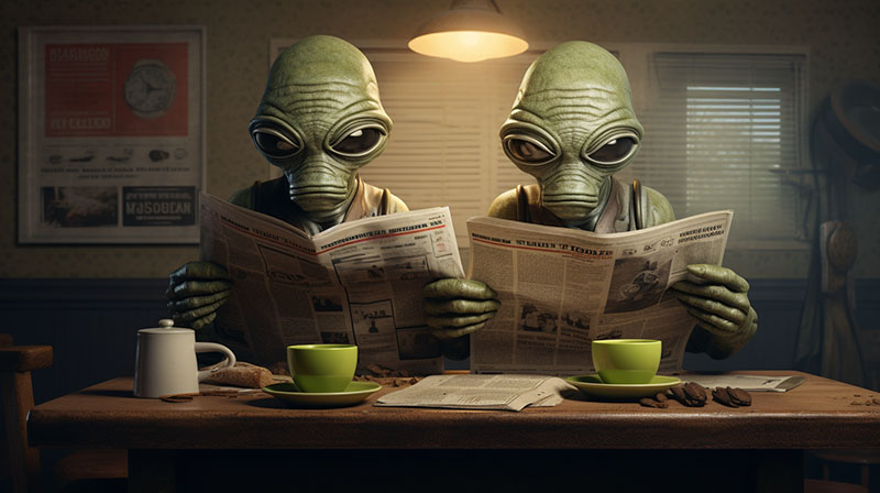 Aliens reading newspapers