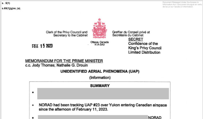 'Secret' UAP Memo for Canadian Prime Minister Released