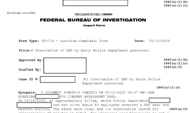 FBI Files Detail Reported UFO Sighting Involving Police Officers